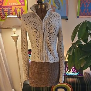Vintage Y2K Abercrombie Fitch Tan Pointelle Knit Wool 2Way Zip Cardigan Womens M